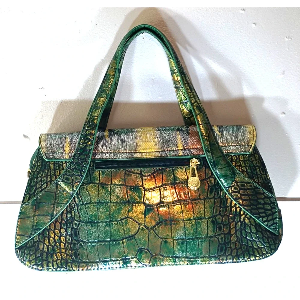 Vintage Sharif Metallic Green Gold Reptile Embossed Crossbody Flap Bag Y2K EUC